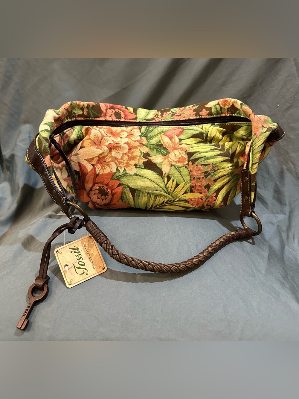 Fossil Floral Canvas Shoulder Bag in Brown, Green, Coral